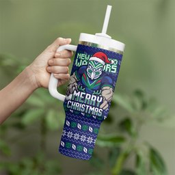 Personalized New Zealand Warriors Christmas Tumbler With Handle Maori Rugby Fans - Pixelated Ugly Xmas Pattern Mascot Santa