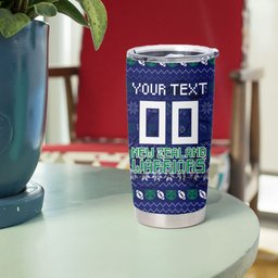 Personalized New Zealand Warriors Christmas Tumbler Cup Maori Rugby Fans - Pixelated Ugly Xmas Pattern Mascot Santa