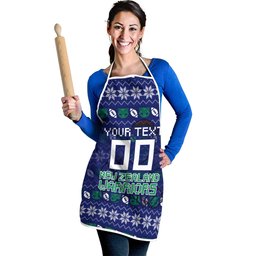 Personalized New Zealand Warriors Christmas Apron Maori Rugby Fans - Pixelated Ugly Xmas Pattern Mascot Santa