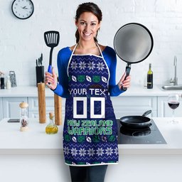 Personalized New Zealand Warriors Christmas Apron Maori Rugby Fans - Pixelated Ugly Xmas Pattern Mascot Santa