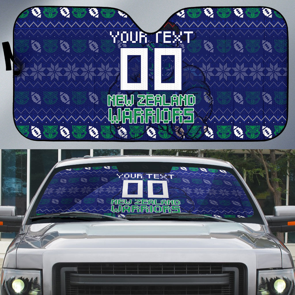 Personalized New Zealand Warriors Christmas Auto Sun Shade Maori Rugby Fans - Pixelated Ugly Xmas Pattern Mascot Santa