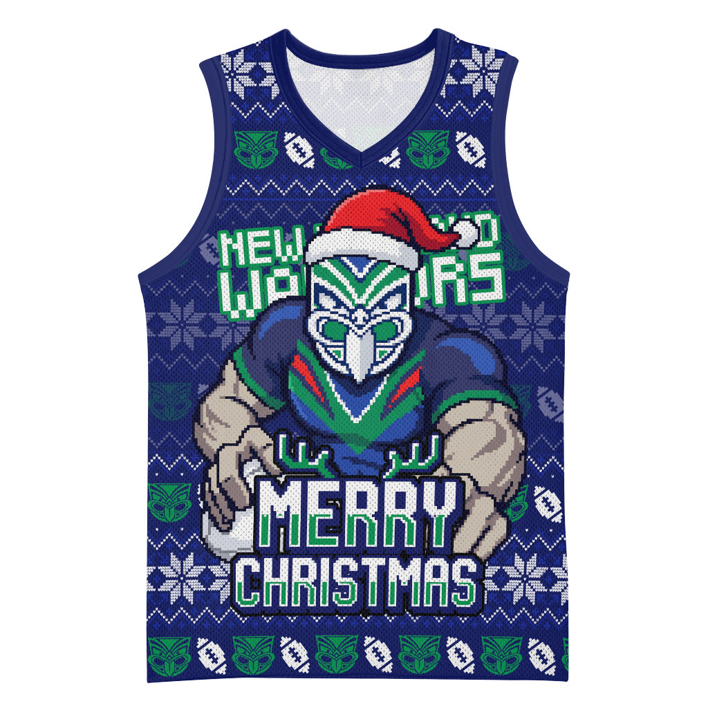 Personalized New Zealand Warriors Christmas Basketball Jersey Maori Rugby Fans - Pixelated Ugly Xmas Pattern Mascot Santa