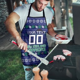 Personalized New Zealand Warriors Christmas Apron Maori Rugby Fans - Pixelated Ugly Xmas Pattern Mascot Santa