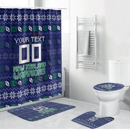 Personalized New Zealand Warriors Christmas Bathroom Set Maori Rugby Fans - Pixelated Ugly Xmas Pattern Mascot Santa