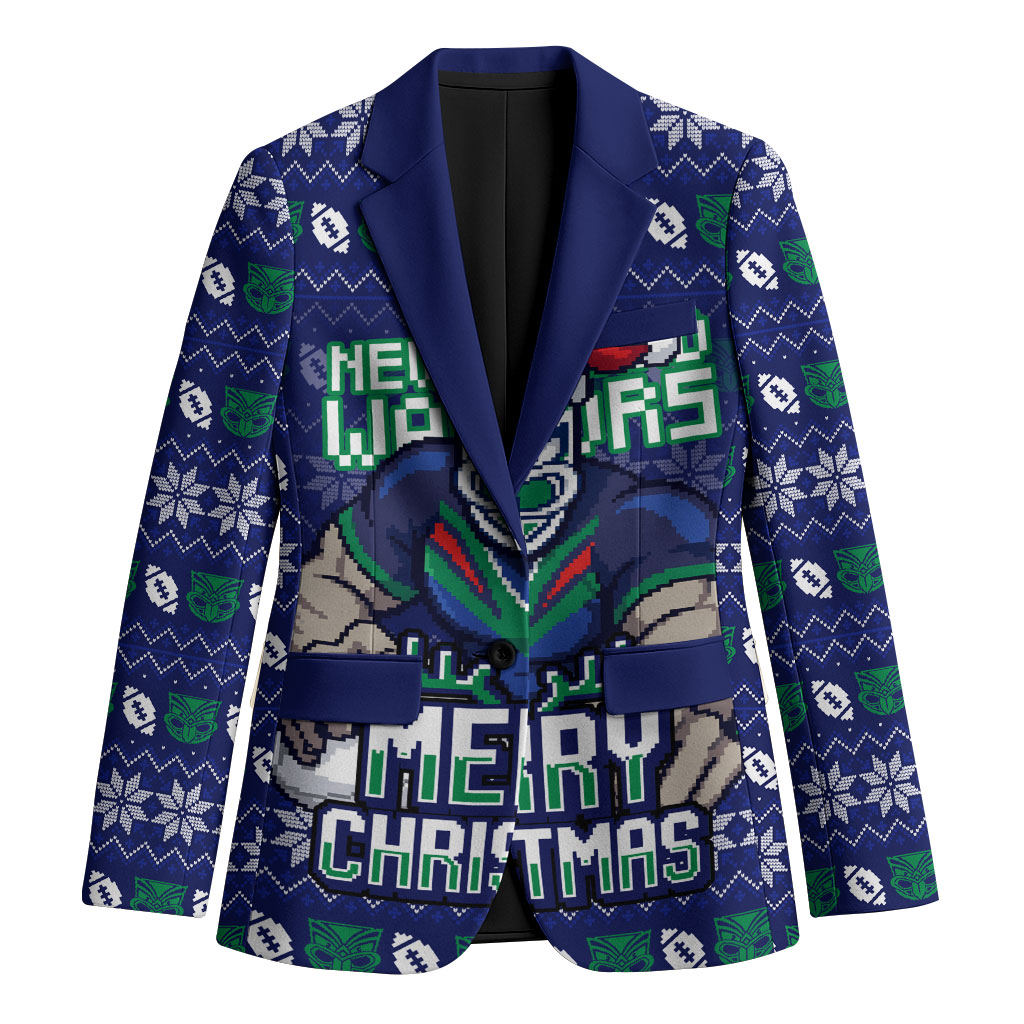 Personalized New Zealand Warriors Christmas Blazer Maori Rugby Fans - Pixelated Ugly Xmas Pattern Mascot Santa