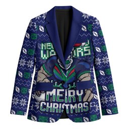 Personalized New Zealand Warriors Christmas Blazer Maori Rugby Fans - Pixelated Ugly Xmas Pattern Mascot Santa