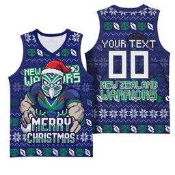 Personalized New Zealand Warriors Christmas Basketball Jersey Maori Rugby Fans - Pixelated Ugly Xmas Pattern Mascot Santa
