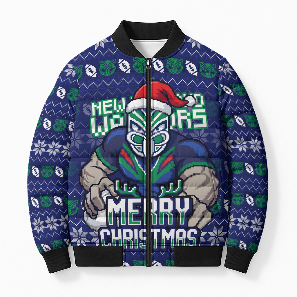 Personalized New Zealand Warriors Christmas Bomber Puffer Jacket Maori Rugby Fans - Pixelated Ugly Xmas Pattern Mascot Santa