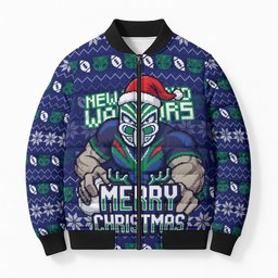 Personalized New Zealand Warriors Christmas Bomber Puffer Jacket Maori Rugby Fans - Pixelated Ugly Xmas Pattern Mascot Santa