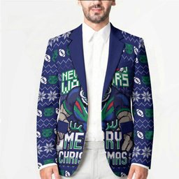 Personalized New Zealand Warriors Christmas Blazer Maori Rugby Fans - Pixelated Ugly Xmas Pattern Mascot Santa