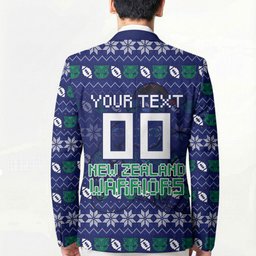 Personalized New Zealand Warriors Christmas Blazer Maori Rugby Fans - Pixelated Ugly Xmas Pattern Mascot Santa