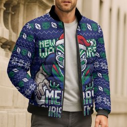 Personalized New Zealand Warriors Christmas Bomber Puffer Jacket Maori Rugby Fans - Pixelated Ugly Xmas Pattern Mascot Santa
