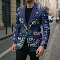 Personalized New Zealand Warriors Christmas Blazer Maori Rugby Fans - Pixelated Ugly Xmas Pattern Mascot Santa