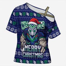 Personalized New Zealand Warriors Christmas Cross Shoulder Shirt Maori Rugby Fans - Pixelated Ugly Xmas Pattern Mascot Santa