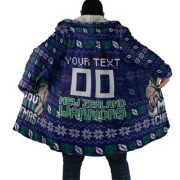 Personalized New Zealand Warriors Christmas Cloak Maori Rugby Fans - Pixelated Ugly Xmas Pattern Mascot Santa