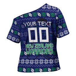 Personalized New Zealand Warriors Christmas Cross Shoulder Shirt Maori Rugby Fans - Pixelated Ugly Xmas Pattern Mascot Santa