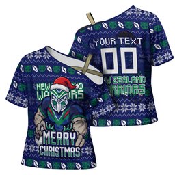 Personalized New Zealand Warriors Christmas Cross Shoulder Shirt Maori Rugby Fans - Pixelated Ugly Xmas Pattern Mascot Santa
