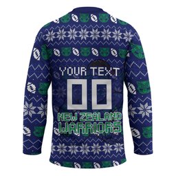 Personalized New Zealand Warriors Christmas Hockey Jersey Maori Rugby Fans - Pixelated Ugly Xmas Pattern Mascot Santa
