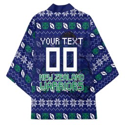 Personalized New Zealand Warriors Christmas Kimono Maori Rugby Fans - Pixelated Ugly Xmas Pattern Mascot Santa
