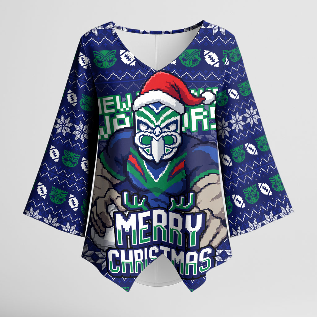 Personalized New Zealand Warriors Christmas Kimono Sleeve Blouse Maori Rugby Fans - Pixelated Ugly Xmas Pattern Mascot Santa