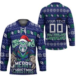 Personalized New Zealand Warriors Christmas Hockey Jersey Maori Rugby Fans - Pixelated Ugly Xmas Pattern Mascot Santa