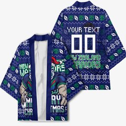 Personalized New Zealand Warriors Christmas Kimono Maori Rugby Fans - Pixelated Ugly Xmas Pattern Mascot Santa