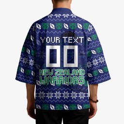 Personalized New Zealand Warriors Christmas Kimono Maori Rugby Fans - Pixelated Ugly Xmas Pattern Mascot Santa
