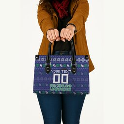 Personalized New Zealand Warriors Christmas Leather Bag Maori Rugby Fans - Pixelated Ugly Xmas Pattern Mascot Santa