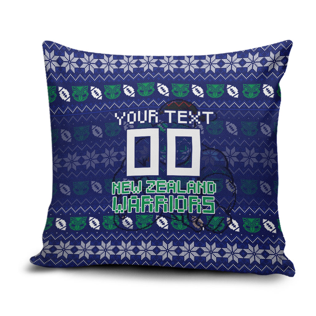 Personalized New Zealand Warriors Christmas Pillow Cover Maori Rugby Fans - Pixelated Ugly Xmas Pattern Mascot Santa