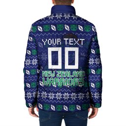 Personalized New Zealand Warriors Christmas Padded Jacket Maori Rugby Fans - Pixelated Ugly Xmas Pattern Mascot Santa