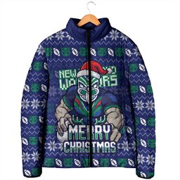 Personalized New Zealand Warriors Christmas Padded Jacket Maori Rugby Fans - Pixelated Ugly Xmas Pattern Mascot Santa