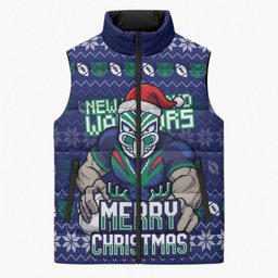 Personalized New Zealand Warriors Christmas Sleeveless Puffer Jacket Maori Rugby Fans - Pixelated Ugly Xmas Pattern Mascot Santa