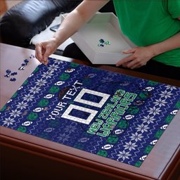 Personalized New Zealand Warriors Christmas Puzzle Maori Rugby Fans - Pixelated Ugly Xmas Pattern Mascot Santa