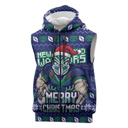 Personalized New Zealand Warriors Christmas Sleeveless Zip Hoodie Maori Rugby Fans - Pixelated Ugly Xmas Pattern Mascot Santa