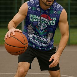 Personalized New Zealand Warriors Christmas Sleeveless Hoodie Maori Rugby Fans - Pixelated Ugly Xmas Pattern Mascot Santa