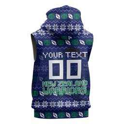 Personalized New Zealand Warriors Christmas Sleeveless Zip Hoodie Maori Rugby Fans - Pixelated Ugly Xmas Pattern Mascot Santa