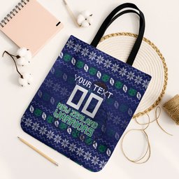 Personalized New Zealand Warriors Christmas Tote Bag Maori Rugby Fans - Pixelated Ugly Xmas Pattern Mascot Santa