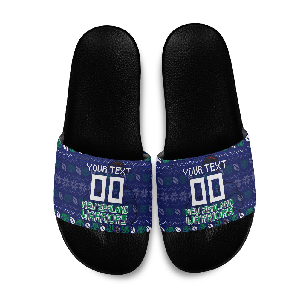 Personalized New Zealand Warriors Christmas Slide Sandals Maori Rugby Fans - Pixelated Ugly Xmas Pattern Mascot Santa