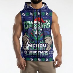Personalized New Zealand Warriors Christmas Sleeveless Zip Hoodie Maori Rugby Fans - Pixelated Ugly Xmas Pattern Mascot Santa