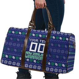 Personalized New Zealand Warriors Christmas Travel Bag Maori Rugby Fans - Pixelated Ugly Xmas Pattern Mascot Santa