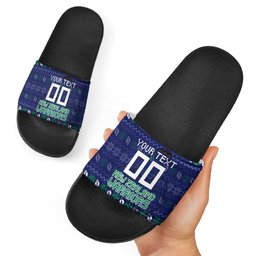 Personalized New Zealand Warriors Christmas Slide Sandals Maori Rugby Fans - Pixelated Ugly Xmas Pattern Mascot Santa
