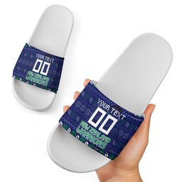 Personalized New Zealand Warriors Christmas Slide Sandals Maori Rugby Fans - Pixelated Ugly Xmas Pattern Mascot Santa