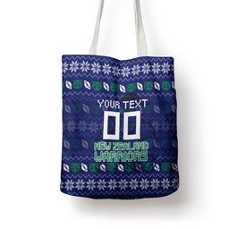 Personalized New Zealand Warriors Christmas Tote Bag Maori Rugby Fans - Pixelated Ugly Xmas Pattern Mascot Santa