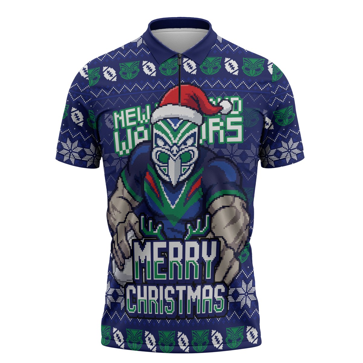 Personalized New Zealand Warriors Christmas Zipper Polo Shirt Maori Rugby Fans - Pixelated Ugly Xmas Pattern Mascot Santa