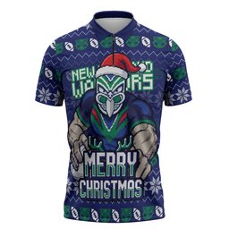Personalized New Zealand Warriors Christmas Zipper Polo Shirt Maori Rugby Fans - Pixelated Ugly Xmas Pattern Mascot Santa