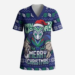 Personalized New Zealand Warriors Christmas Scrub Top Maori Rugby Fans - Pixelated Ugly Xmas Pattern Mascot Santa