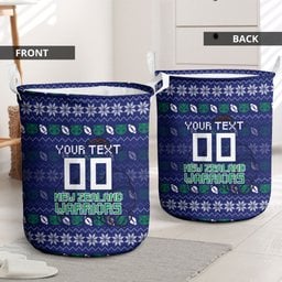 Personalized New Zealand Warriors Christmas Laundry Basket Maori Rugby Fans - Pixelated Ugly Xmas Pattern Mascot Santa
