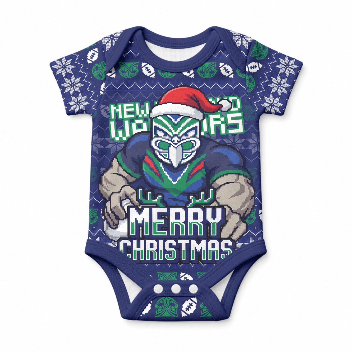 Personalized New Zealand Warriors Christmas Baby Onesie Maori Rugby Fans - Pixelated Ugly Xmas Pattern Mascot Santa