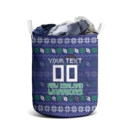 Personalized New Zealand Warriors Christmas Laundry Basket Maori Rugby Fans - Pixelated Ugly Xmas Pattern Mascot Santa