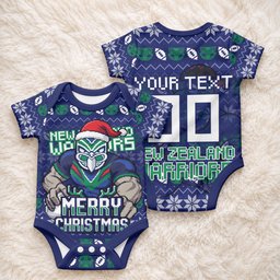 Personalized New Zealand Warriors Christmas Baby Onesie Maori Rugby Fans - Pixelated Ugly Xmas Pattern Mascot Santa